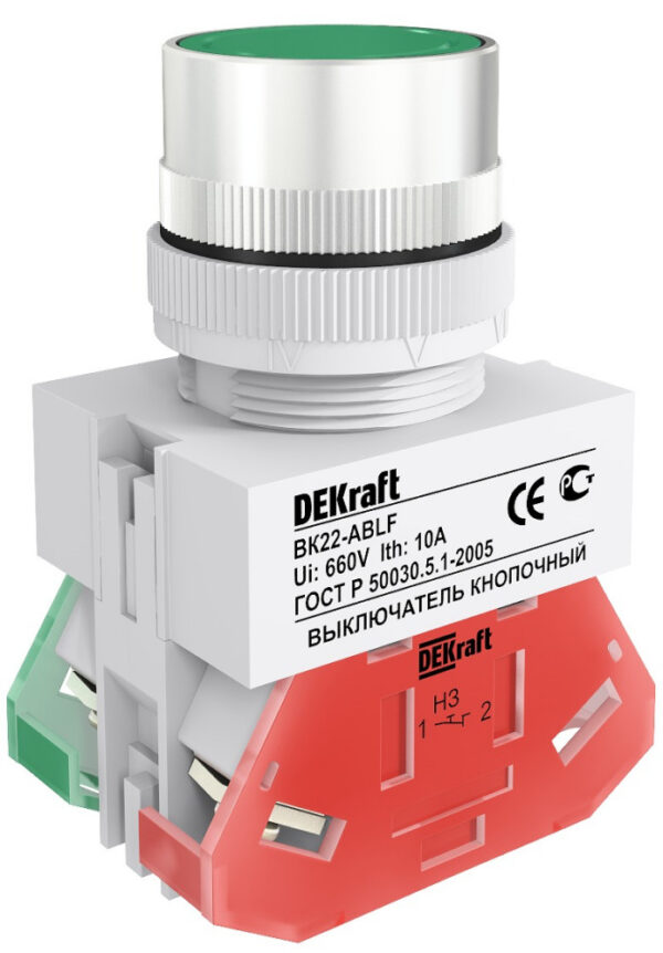 Выкл. кноп. ABLF d22 мм Цвет:ЗЕЛЕНЫЙ 220В ВK-22 DEKraft