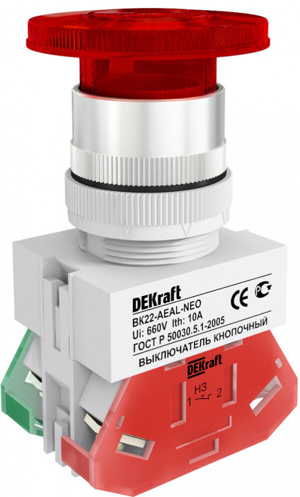 Выкл. кноп. грибок с фикс. AEAL d22 мм 1НО+1НЗ Цвет:КРАСНЫЙ 220В ВK-22 DEKraft